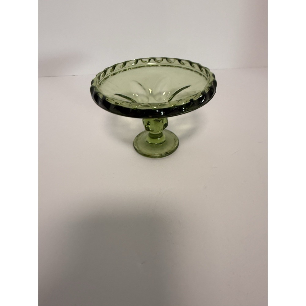 Vintage Hazel Atlas Green Glass Thumbprint Pedestal Candy Dish Bowl